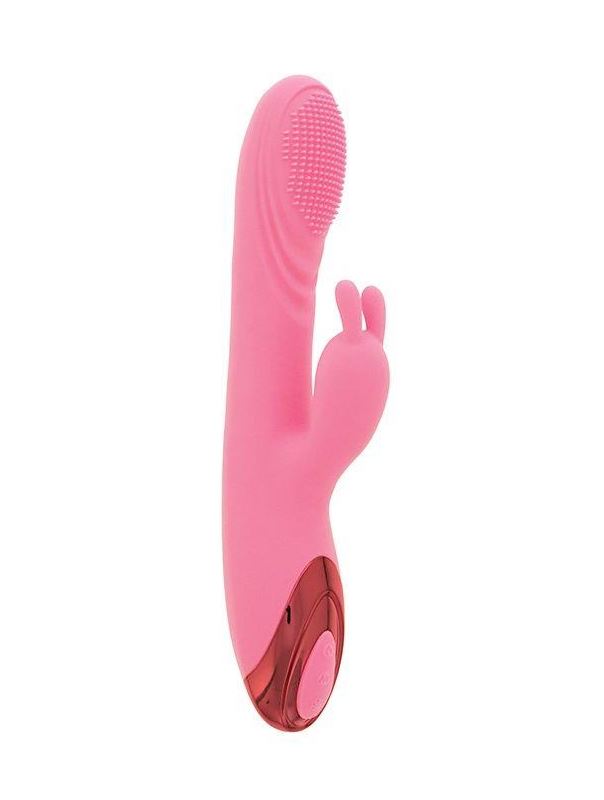 Розовый вибратор HEATING BRUSH BUNNY со стимулятором клитора и нагревом (24 см)