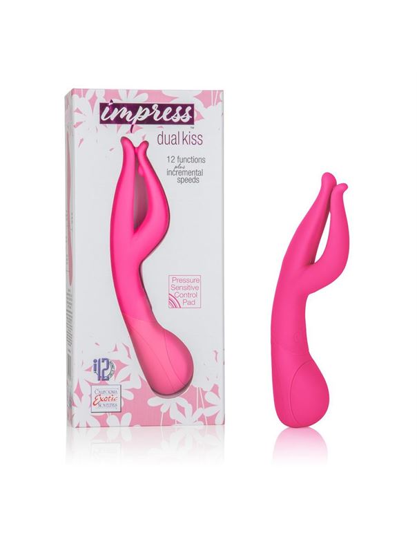 Розовый вибромассажер Impress™ Dual Kiss со стимуляцией клитора - 15 см.