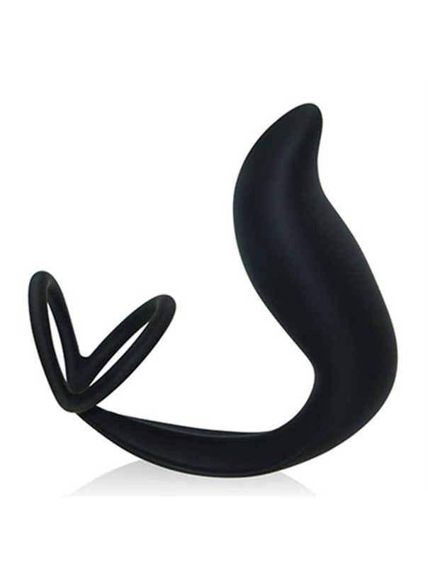 Черный стимулятор простаты с эрекционным кольцом Combo Double Cockring Plug