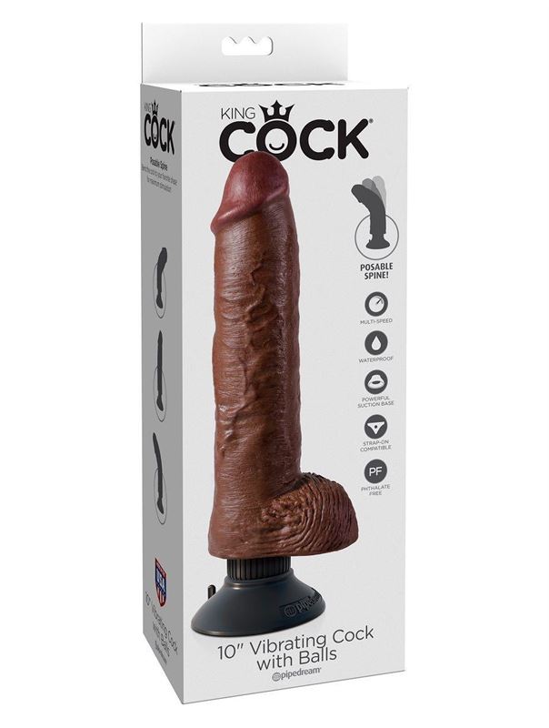 Коричневый вибратор-гигант со съёмной присоской 10 Vibrating Cock with Balls - 26 см.