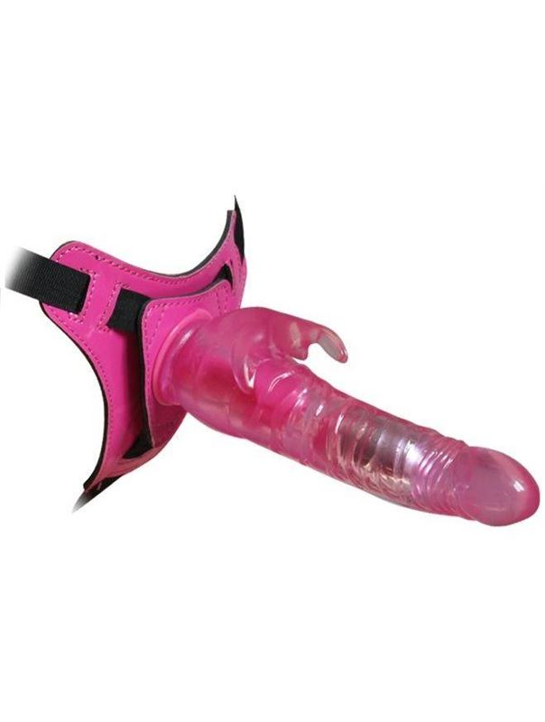Розовый страпон 10 Model Vibrations 8.5" Harness Rabbit Dong (19 см)