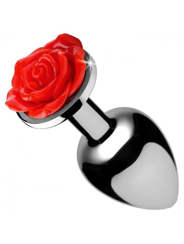 Серебристая анальная пробка с розой Red Rose Butt Plug (8 см)