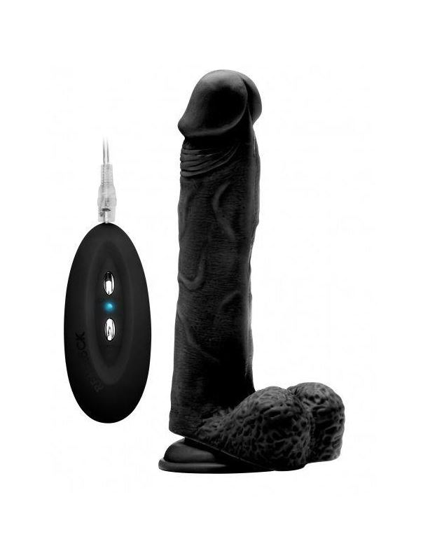 Чёрный вибратор-реалистик Vibrating Realistic Cock 9 With Scrotum - 23,5 см.