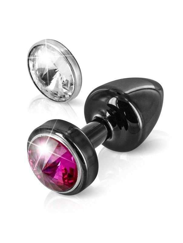 Чёрный анальный плаг Anni Magnet T1 Black cristal/fushia с 2 сменными кристаллами