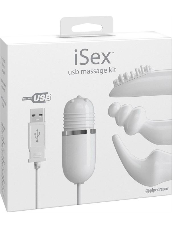 Белый вибромассажер на проводе USB MASSAGE KIT с набором насадок