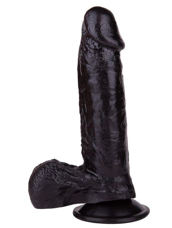 Чёрный фаллоимитатор с мошонкой на подошве-присоске (16,5 см)