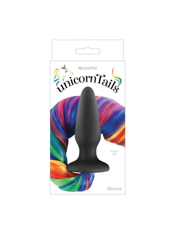 Чёрная анальная пробка Unicorn Tails Rainbow с радужным хвостом