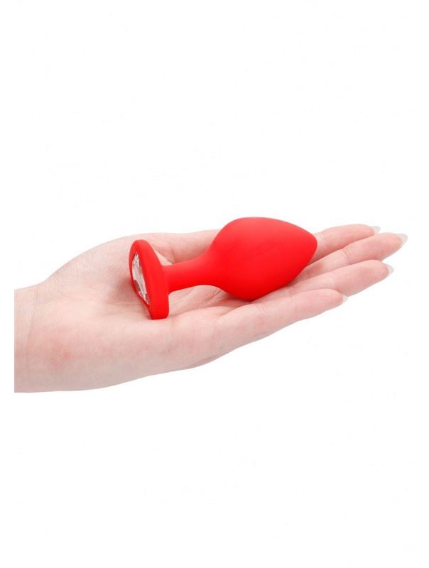 Красная анальная пробка с прозрачным стразом Large Ribbed Diamond Heart Plug (8 см)