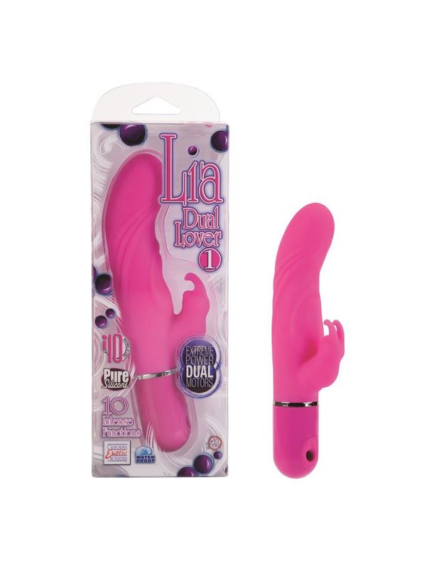Розовый вибромассажер LIA DUAL LOVER 1 с клиторальным зайкой - 21 см.