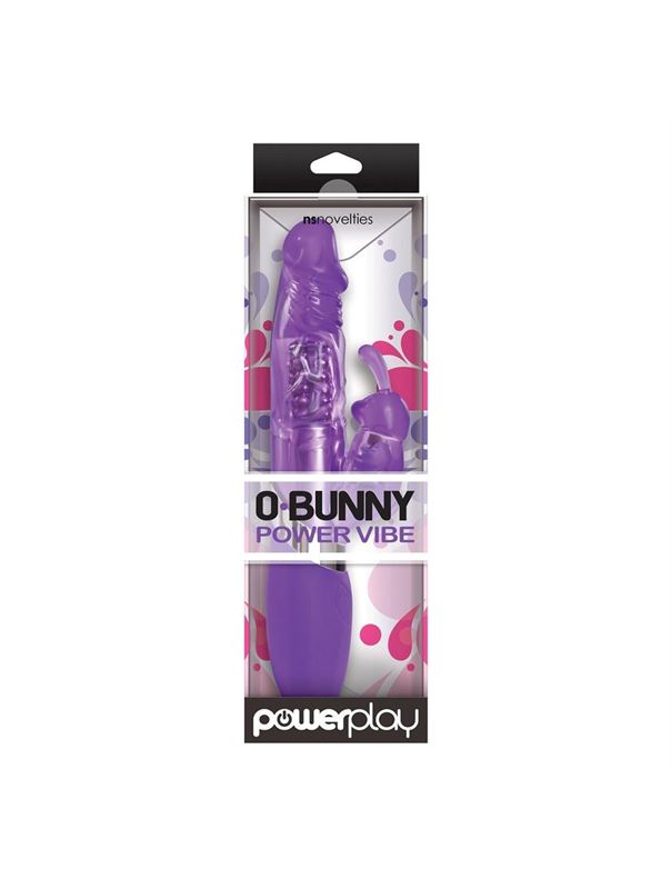 Фиолетовый вибратор с вращением бусин и клиторальным зайчиком Power Play O-Bunny - 21,5 см.