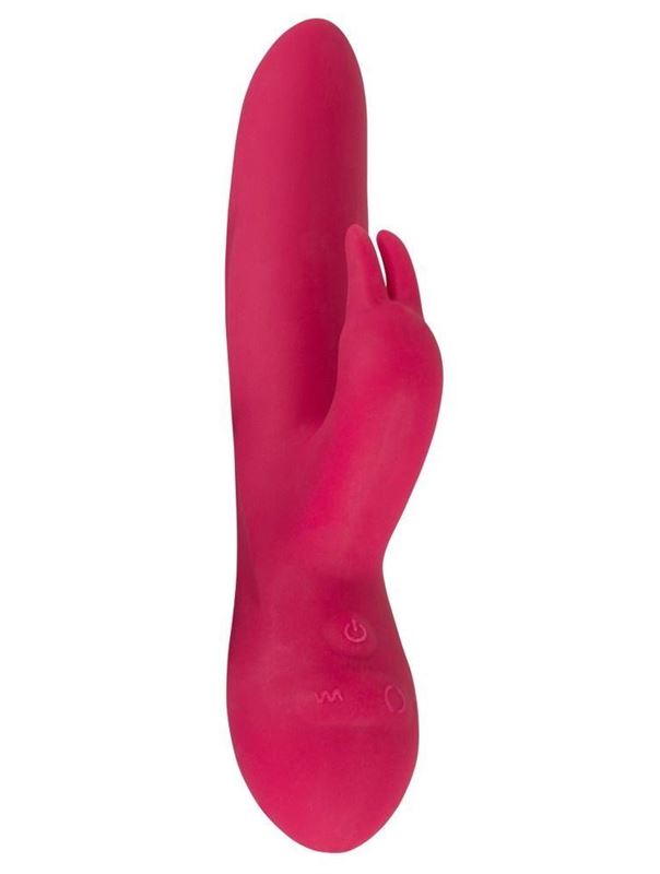 Ярко-розовый вибратор Swirly Bunny с клиторальным стимулятором - 21,5 см.