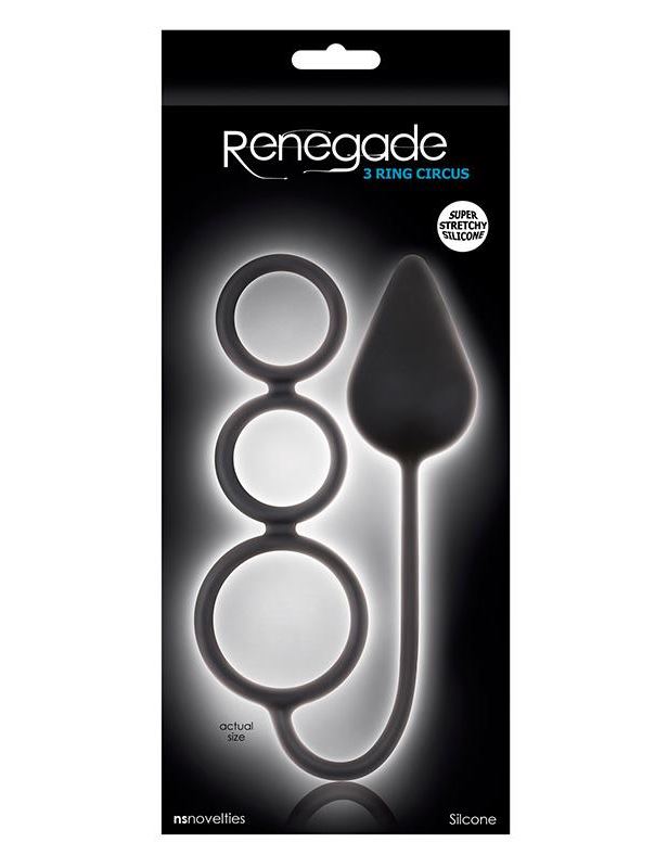 Чёрная анальная пробка Renegade 3 Ring Circus Large Black с эрекционными кольцами