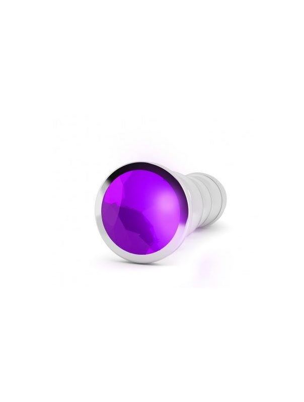 Серебристая фигурная анальная пробка R10 RICH Gold/Purple с фиолетовым кристаллом - 14,5 см.