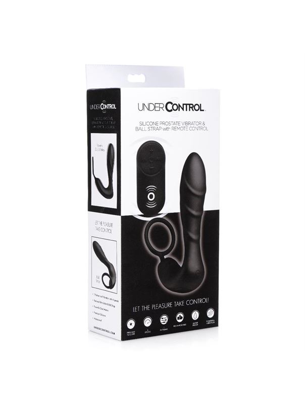 Черный вибростимулятор простаты Silicone Prostate Vibrator and Strap with Remote Control - 14,35 см.