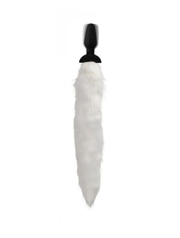 Черная анальная вибропробка с белым лисьим хвостом White Fox Tail Vibrating Anal Plug