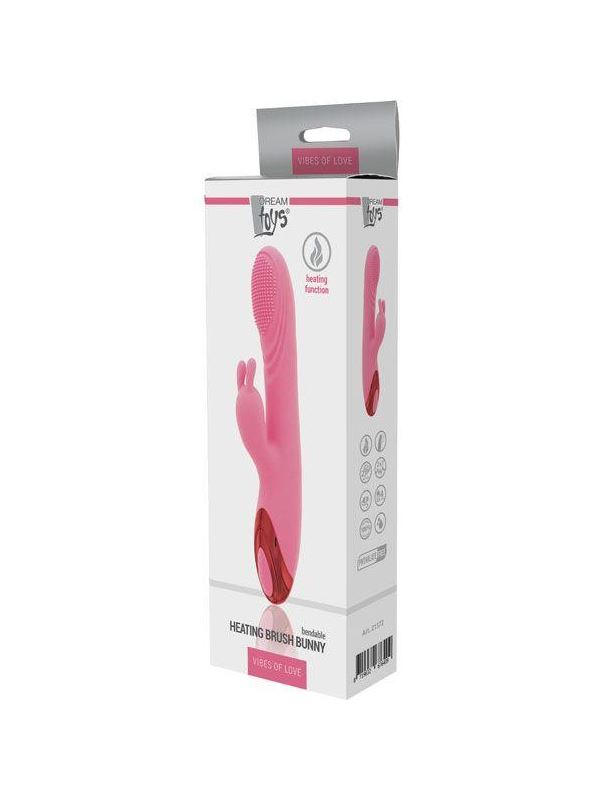 Розовый вибратор HEATING BRUSH BUNNY со стимулятором клитора и нагревом (24 см)