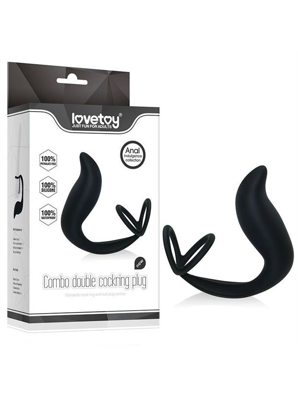 Черный стимулятор простаты с эрекционным кольцом Combo Double Cockring Plug