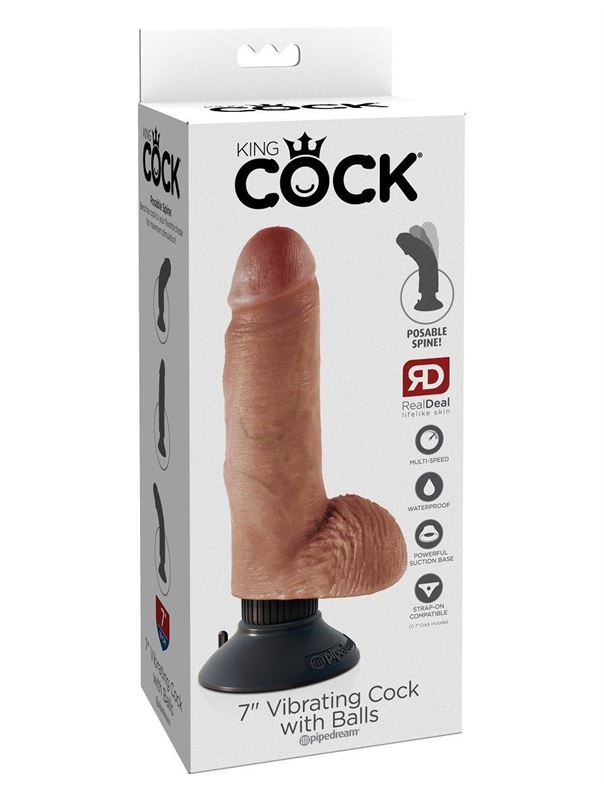 Кофейный вибратор 7" Vibrating Cock with Balls с мошонкой и съемной присоской (17,8 см)