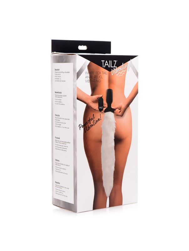 Черная анальная вибропробка с белым лисьим хвостом White Fox Tail Vibrating Anal Plug