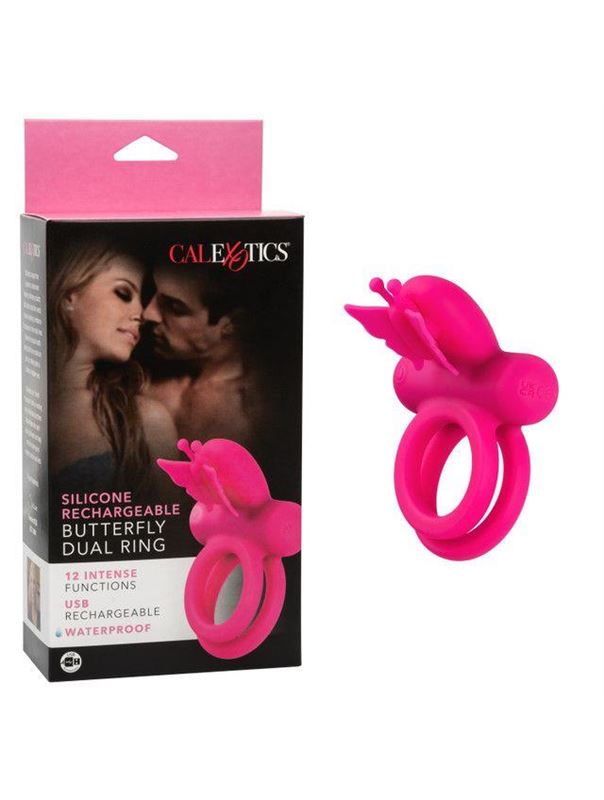 Розовое эрекционное виброкольцо Silicone Rechargeable Dual Butterfly Ring