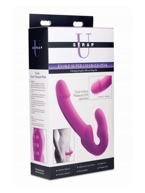 Розовый безремневой страпон с вибрацией Evoke Rechargeable Vibrating Strap On (24,7 см)