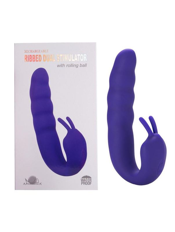 Фиолетовый вибратор Ribbed Dual Stimulator with Rolling Ball (17 см)