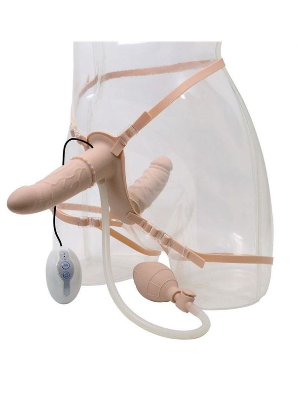 Женский страпон DOUBLE VIBRATING STRAP-ON с вагинальной пробкой - 17 см.