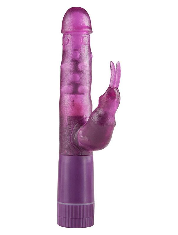 Фиолетовый вибратор Bunny On A Budget с клиторальным зайчиком и вращением ствола - 25 см.