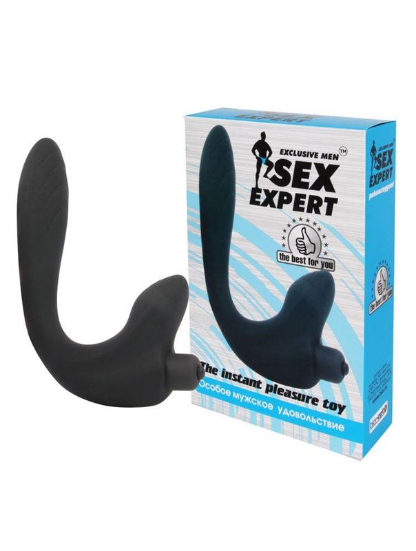 Черный удлиненный силиконовый массажер простаты Sex Expert с отростком
