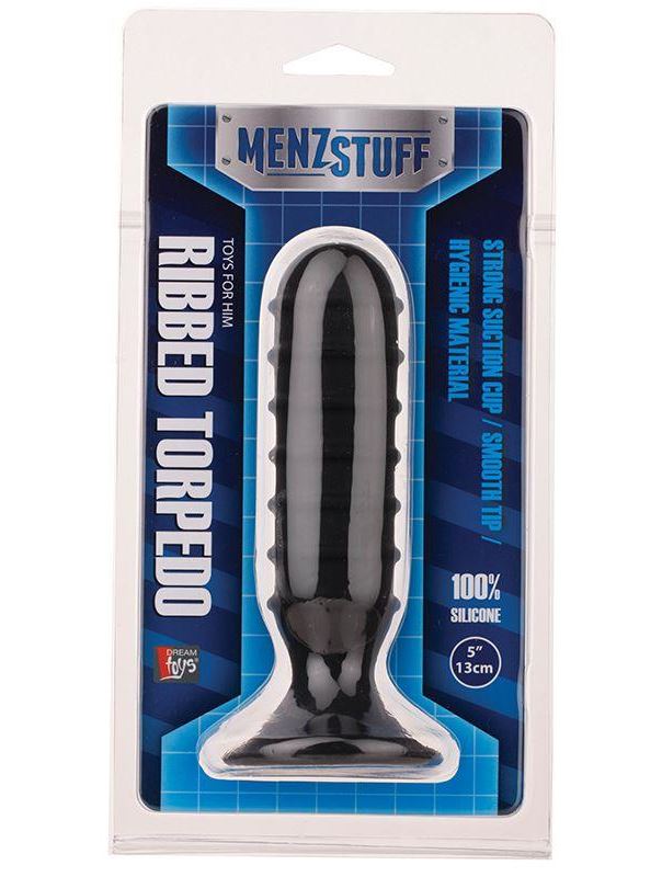 Чёрный силиконовый анальный массажер MENZSTUFF - RIBBED TORPEDO DONG (13 см)