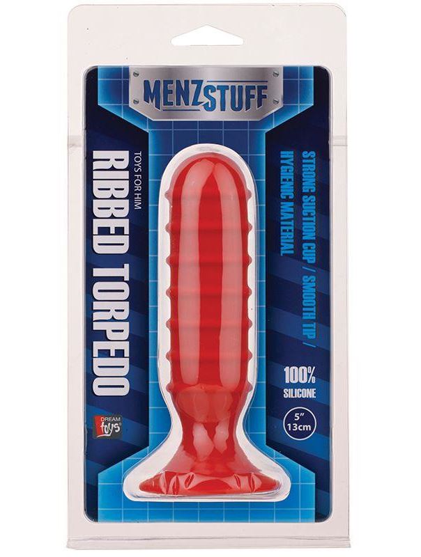 Красный ребристый анальный массажер MENZSTUFF - RIBBED TORPEDO PLUG (13 см)