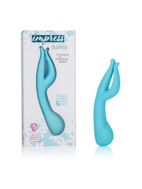 Голубой вибромассажер Impress Dual Kiss со стимуляцией клитора - 15 см.