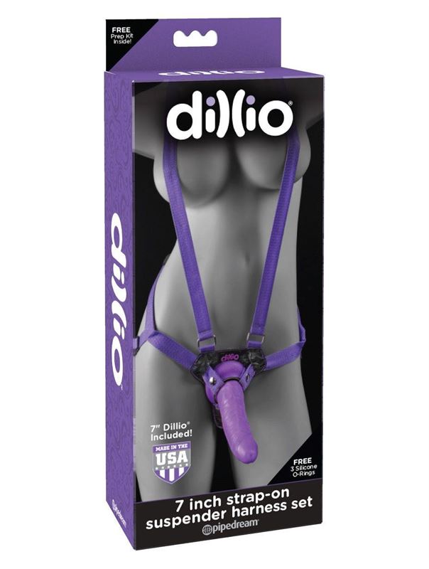 Фиолетовая страпон-система 7 Strap-On Suspender Harness Set с реалистичной насадкой - 19 см.