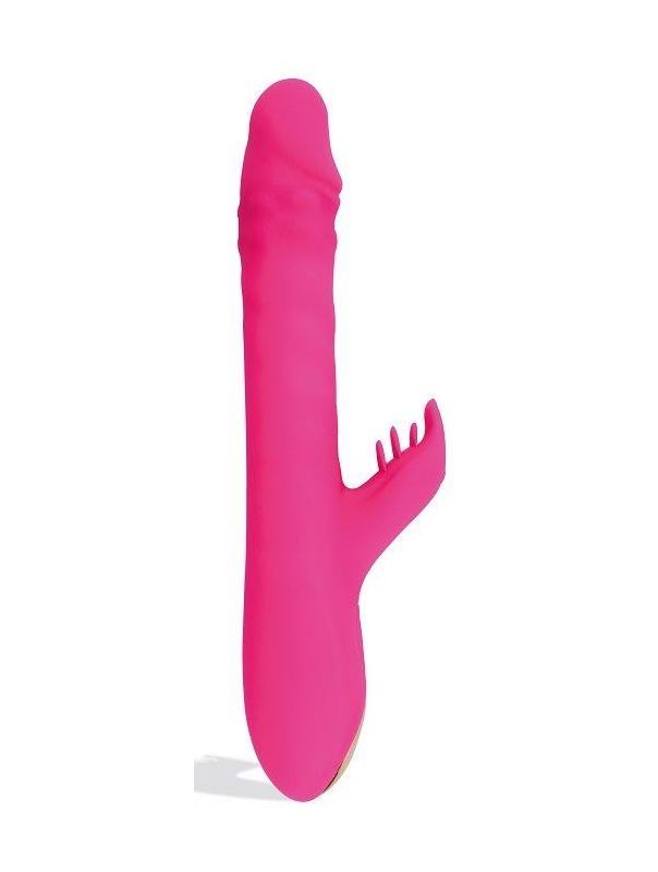 Розовый вибратор Thrusting Rabbit с клиторальным стимулятором (25,3 см)