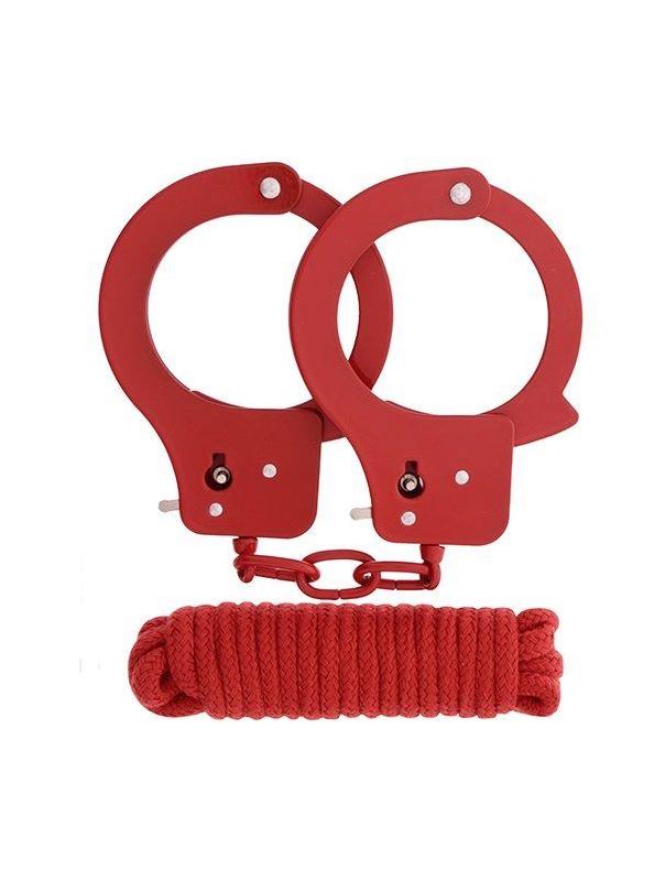 Красные наручники из листового металла BONDX METAL CUFFS LOVE ROPE SET в комплекте с веревкой