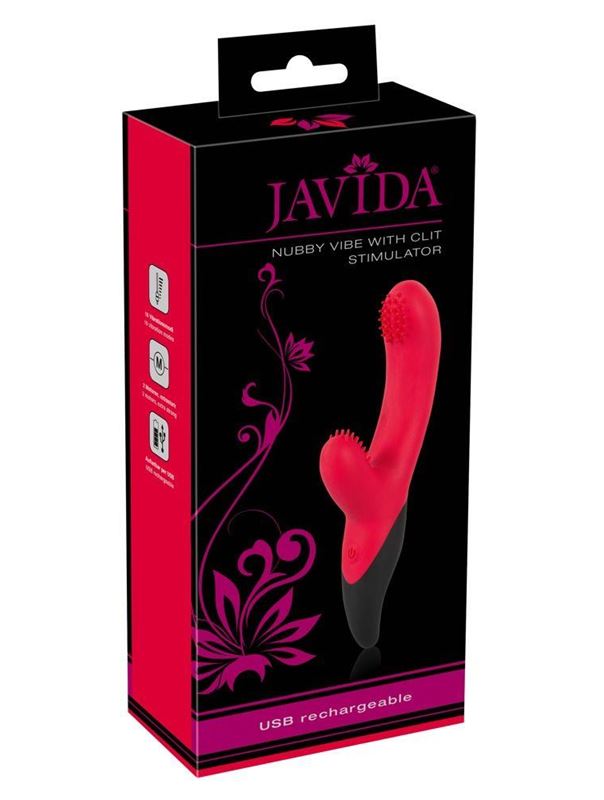 Вибратор Javida с щёточками на головке и клиторальном отростке - 19 см.