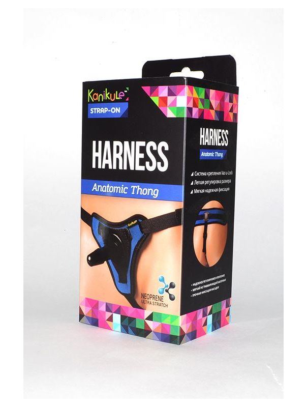 Сине-чёрные трусики с плугом Kanikule Strap-on Harness Anatomic Thong