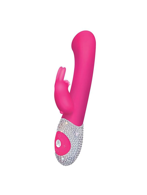 Розовый вибромассажёр The G-spot Rabbit с украшенной стразами рукоятью - 22 см.
