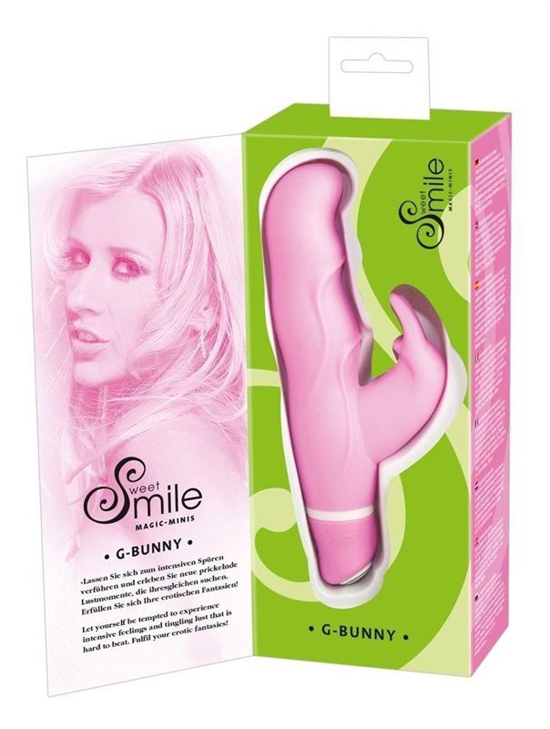 Розовый вибратор Smile Bunny с клиторальным зайчиком - 15 см.