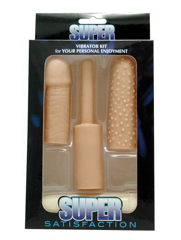 Классический мини-вибратор с 3 рельефными насадками SUPER SATISFACTION KIT