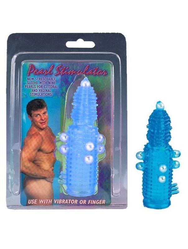 Голубая эластичная насадка на пенис с жемчужинами, точками и шипами Pearl Stimulator (11,5 см)