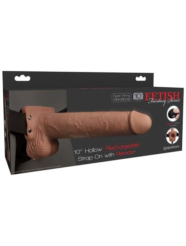 Кофейный перезаряжаемый фаллопротез 10 Hollow Strap-on with Remote - 21,6 см.