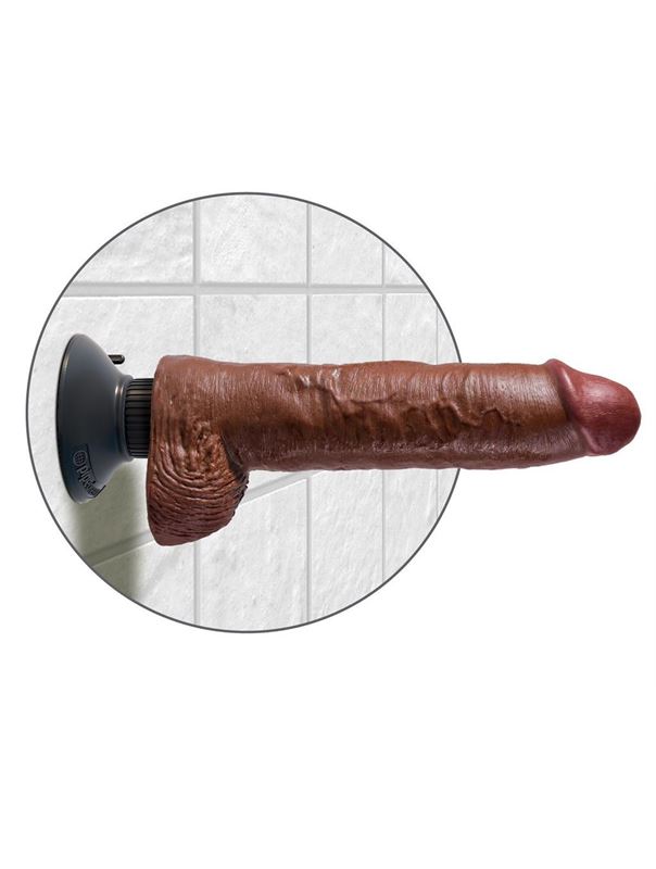 Коричневый вибратор-гигант со съёмной присоской 10 Vibrating Cock with Balls - 26 см.