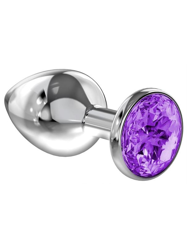 Малая серебристая анальная пробка Diamond Purple Sparkle Small с фиолетовым кристаллом (7 см)