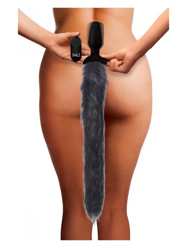 Черная анальная вибропробка с серым лисьим хвостом Grey Fox Tail Vibrating Anal Plug