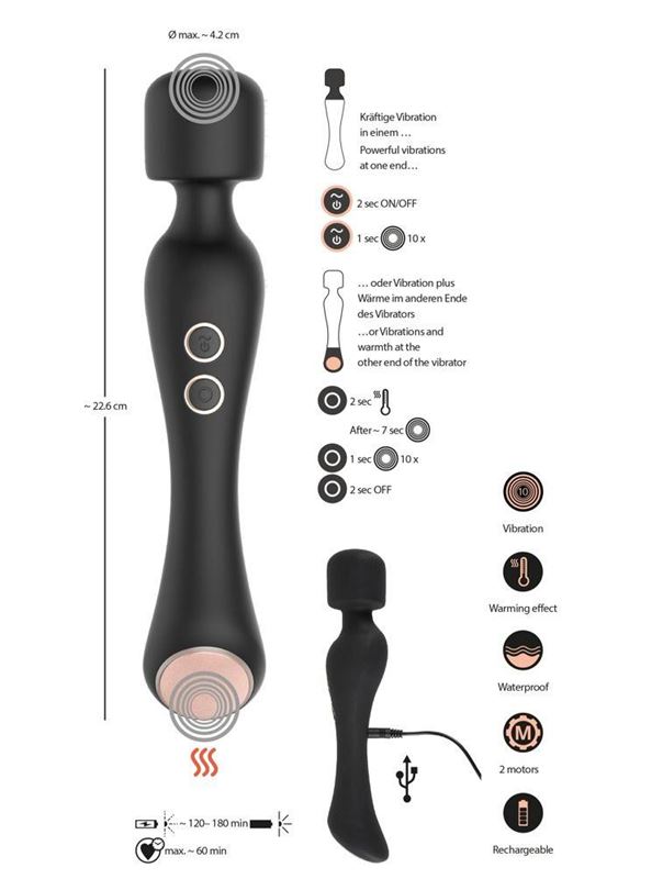 Черный вибромассажер с подогревом Cupa Warming Wand (22,6 см)