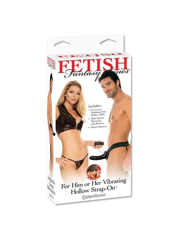Полый страпон с вибратором черного цвета For Him or Her Vibrating Hollow Strap-On - 15 см