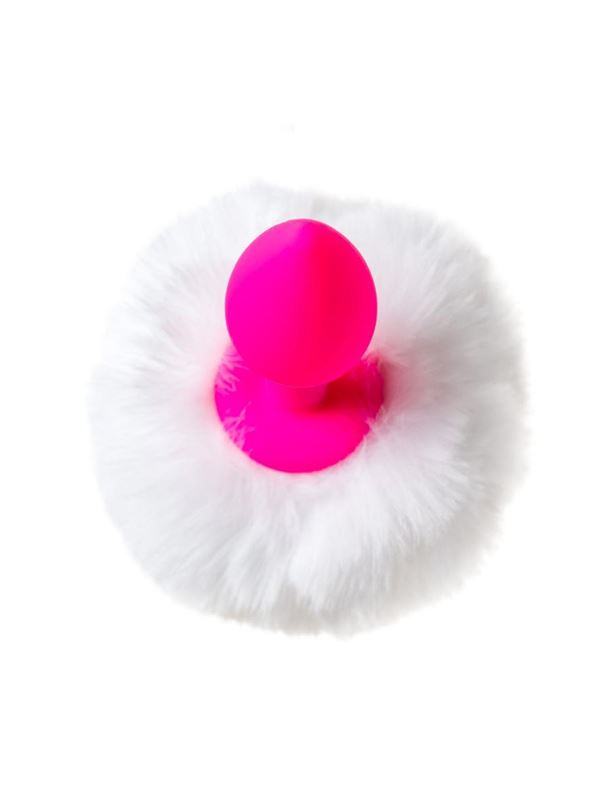 Розовая анальная пробка Sweet bunny с белым пушистым хвостом