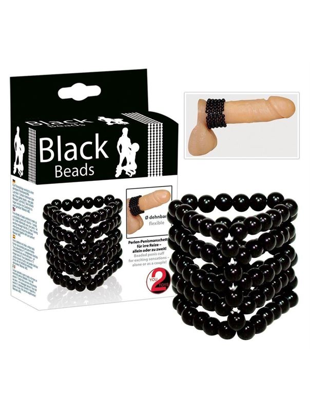 Широкое черное эрекционное кольцо из бусинок Black Beads