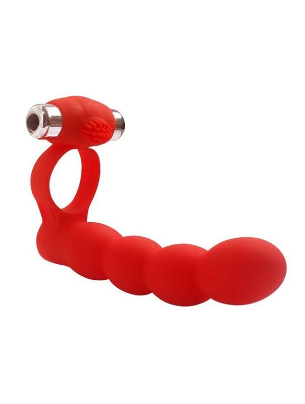 Красная насадка на член с вибрацией Double Penetration Beads для двойного проникновения